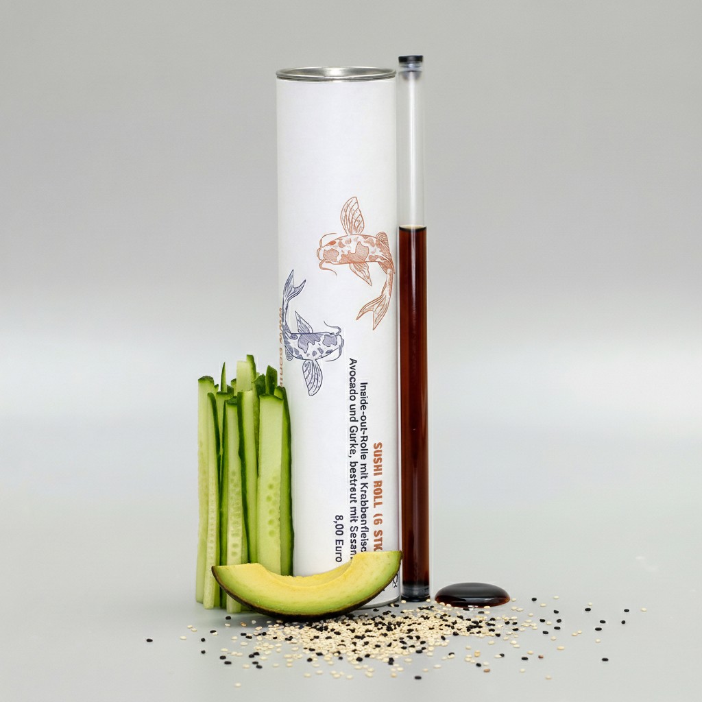 Push Up Sushi Tube mit frischen Zutaten und Sojasauce arrangiert